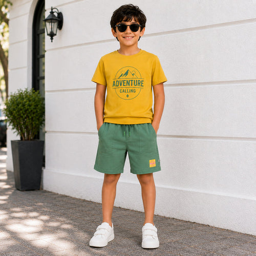 Kids Boys Combo Set with Mustard Graphic Tshirt & Dark Green Drawstring Utility Shorts