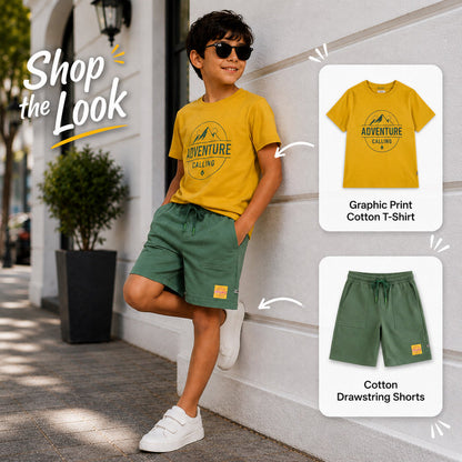 Kids Boys Combo Set with Mustard Graphic Tshirt & Dark Green Drawstring Utility Shorts