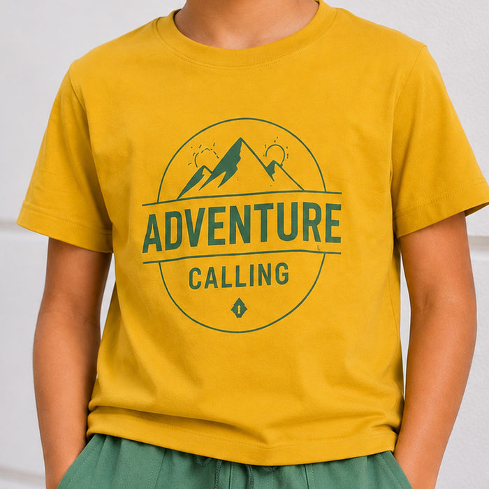 Kids Boys Combo Set with Mustard Graphic Tshirt & Dark Green Drawstring Utility Shorts