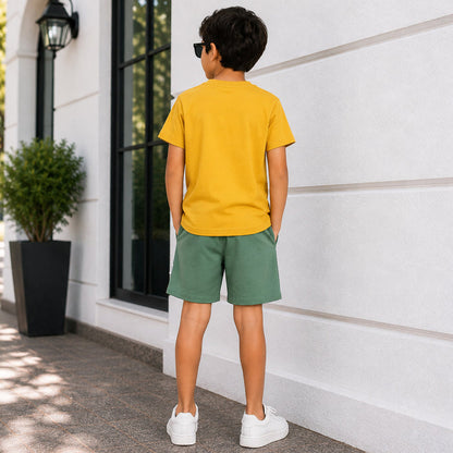 Kids Boys Combo Set with Mustard Graphic Tshirt & Dark Green Drawstring Utility Shorts