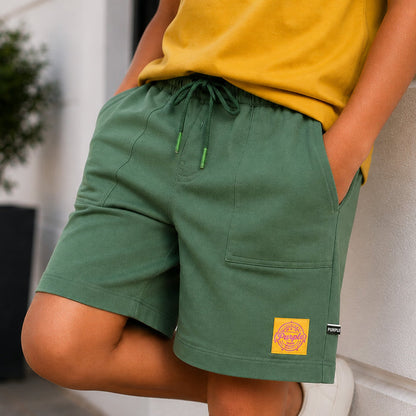 Kids Boys Combo Set with Mustard Graphic Tshirt & Dark Green Drawstring Utility Shorts