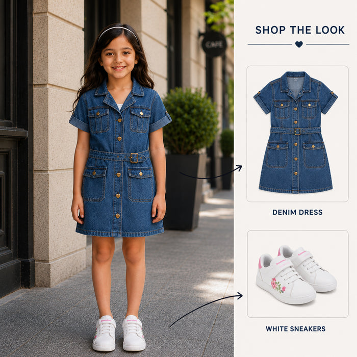 Kids Girls Combo Set with Mid Blue Comfort Denim Dress & White Embroidered Casual Shoes