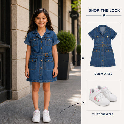 Kids Girls Combo Set with Mid Blue Comfort Denim Dress & White Embroidered Casual Shoes