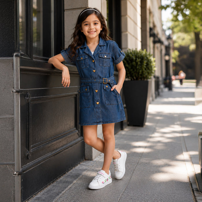 Kids Girls Combo Set with Mid Blue Comfort Denim Dress & White Embroidered Casual Shoes
