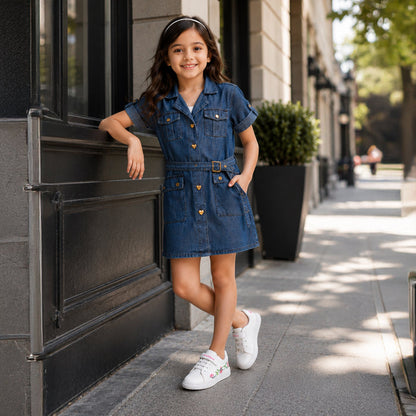 Kids Girls Combo Set with Mid Blue Comfort Denim Dress & White Embroidered Casual Shoes