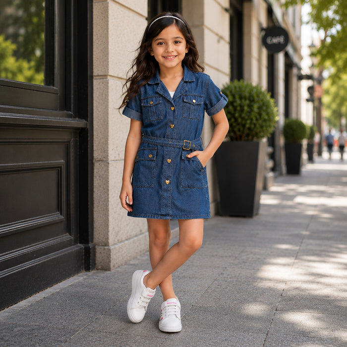 Kids Girls Combo Set with Mid Blue Comfort Denim Dress & White Embroidered Casual Shoes