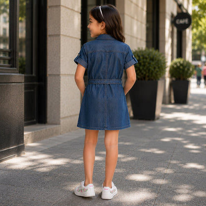 Kids Girls Combo Set with Mid Blue Comfort Denim Dress & White Embroidered Casual Shoes