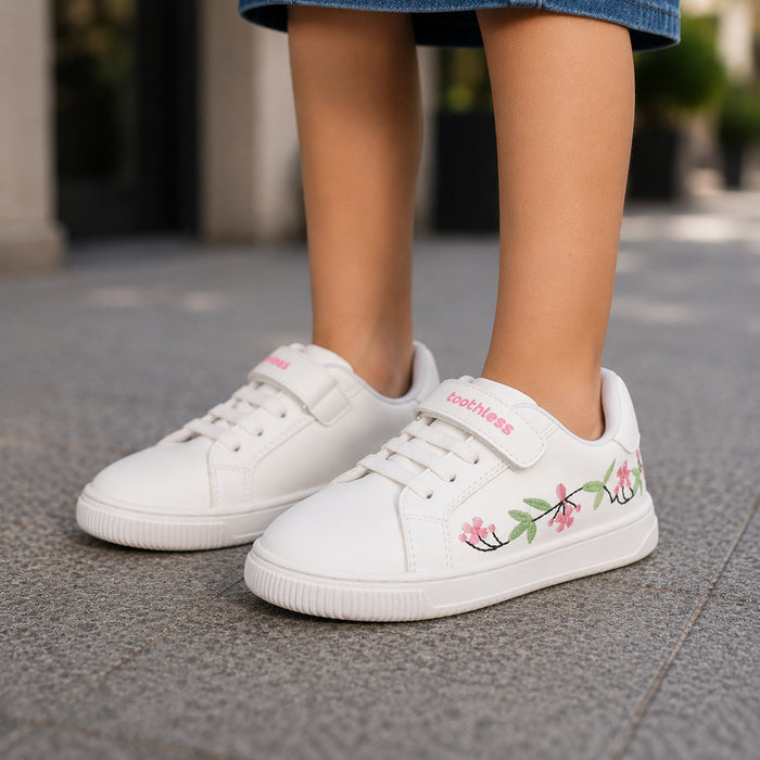 Kids Girls Combo Set with Mid Blue Comfort Denim Dress & White Embroidered Casual Shoes