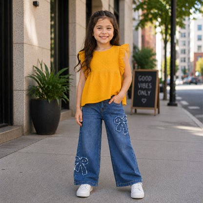 Kids Girls Combo Set with Mustard Casual Ruffle Top & Dark Blue Comfort Fit Bow Detail Jeans