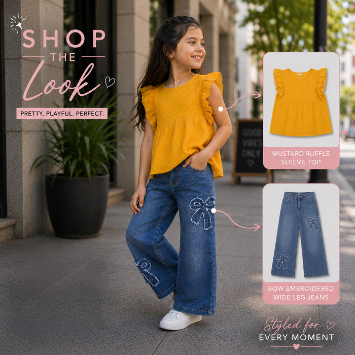 Kids Girls Combo Set with Mustard Casual Ruffle Top & Dark Blue Comfort Fit Bow Detail Jeans