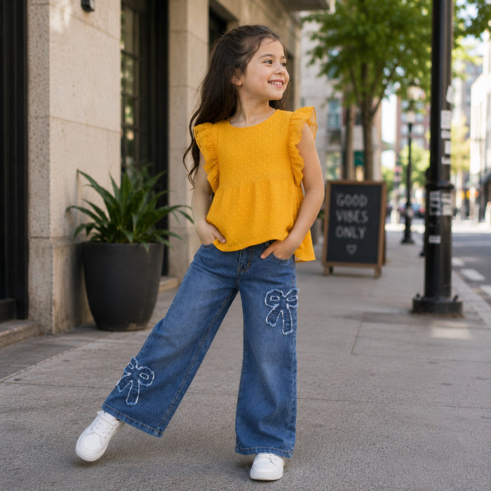 Kids Girls Combo Set with Mustard Casual Ruffle Top & Dark Blue Comfort Fit Bow Detail Jeans