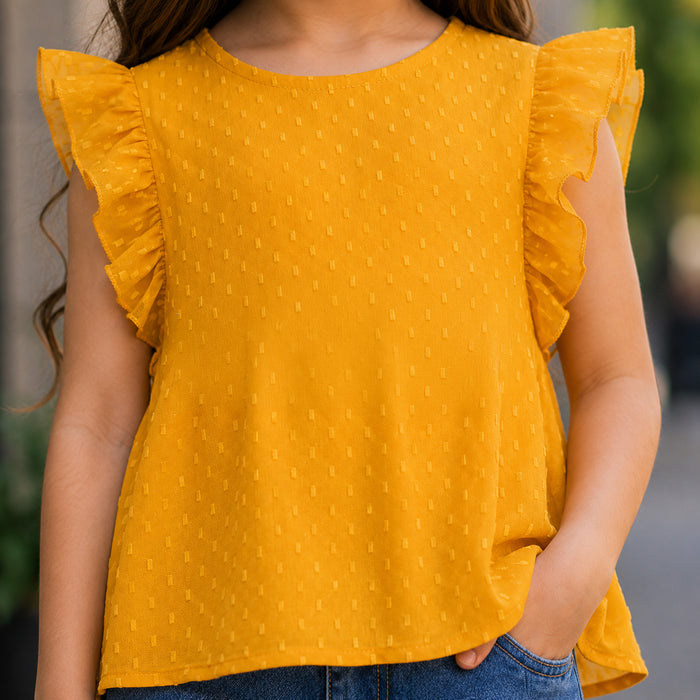 Kids Girls Combo Set with Mustard Casual Ruffle Top & Dark Blue Comfort Fit Bow Detail Jeans