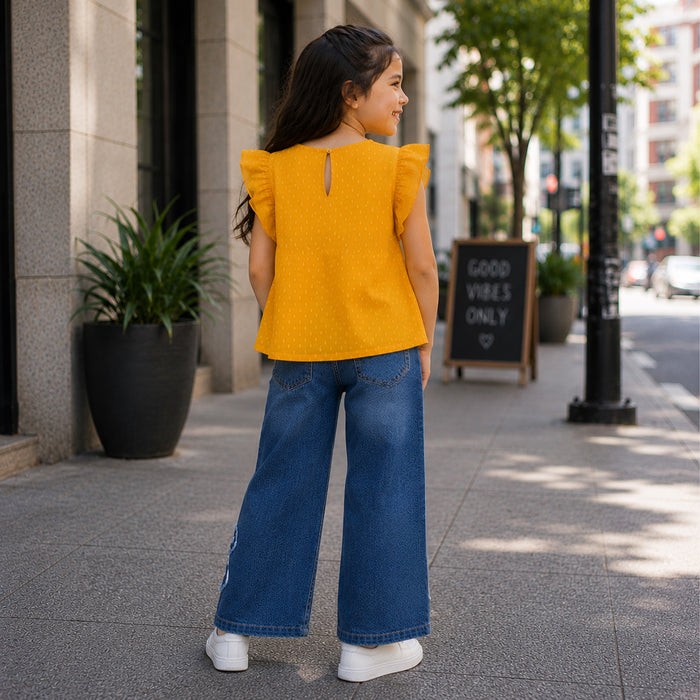 Kids Girls Combo Set with Mustard Casual Ruffle Top & Dark Blue Comfort Fit Bow Detail Jeans