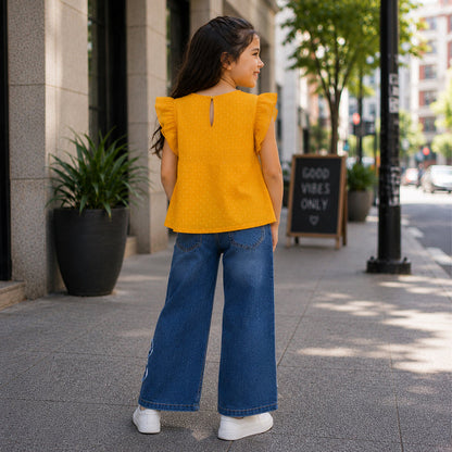 Kids Girls Combo Set with Mustard Casual Ruffle Top & Dark Blue Comfort Fit Bow Detail Jeans