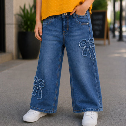Kids Girls Combo Set with Mustard Casual Ruffle Top & Dark Blue Comfort Fit Bow Detail Jeans