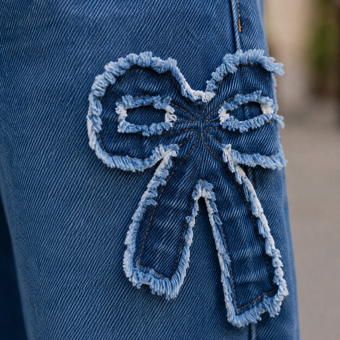 Kids Girls Combo Set with Mustard Casual Ruffle Top & Dark Blue Comfort Fit Bow Detail Jeans