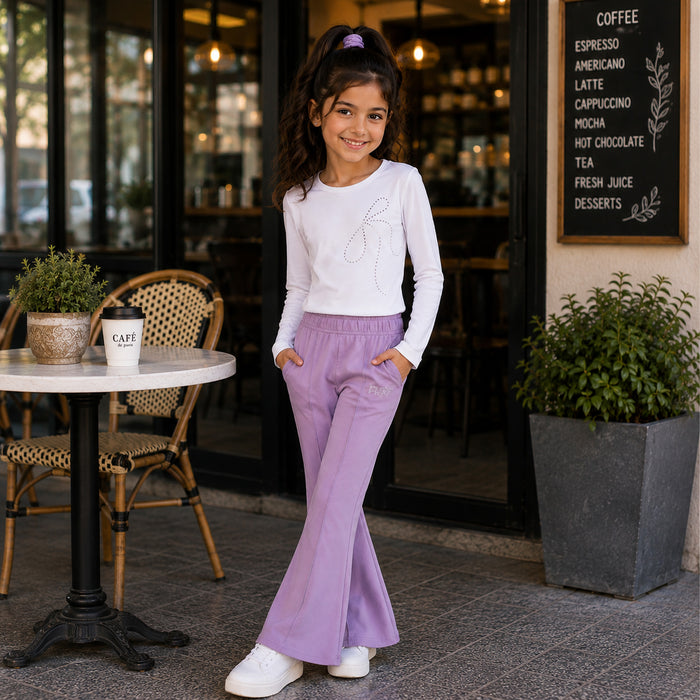 Kids Girls Combo Set with White Full Sleeve Top & Lavender Flared Trouser for Casual Wear