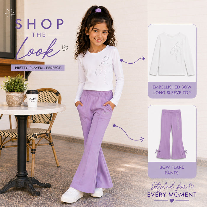 Kids Girls Combo Set with White Full Sleeve Top & Lavender Flared Trouser for Casual Wear