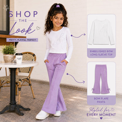 Kids Girls Combo Set with White Full Sleeve Top & Lavender Flared Trouser for Casual Wear