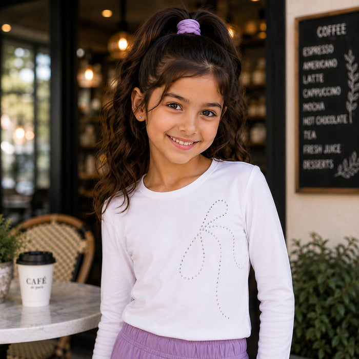Kids Girls Combo Set with White Full Sleeve Top & Lavender Flared Trouser for Casual Wear