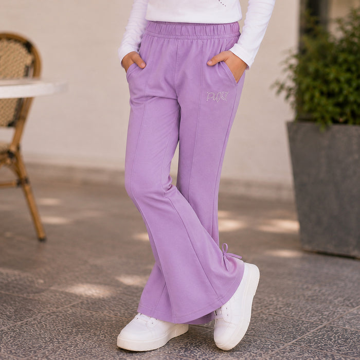 Kids Girls Combo Set with White Full Sleeve Top & Lavender Flared Trouser for Casual Wear