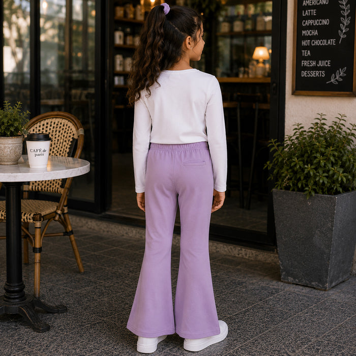 Kids Girls Combo Set with White Full Sleeve Top & Lavender Flared Trouser for Casual Wear