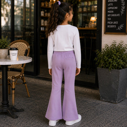 Kids Girls Combo Set with White Full Sleeve Top & Lavender Flared Trouser for Casual Wear