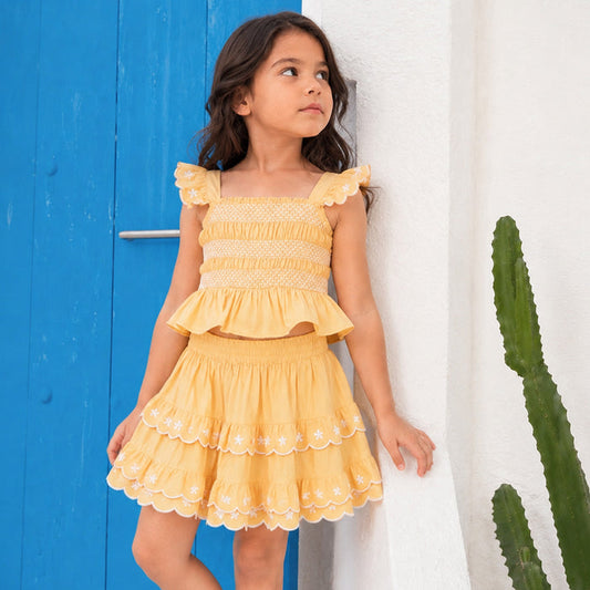 Kids Girls Coord Set in Yellow with Floral Embroidery Smocked Top & Layered Elastic Fit Skirt