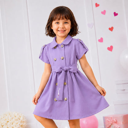 Kids Girls Dress in Lavender with Soft Comfort Fabric, Waist Belt & Collared Neck