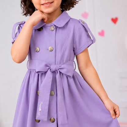 Kids Girls Dress in Lavender with Soft Comfort Fabric, Waist Belt & Collared Neck