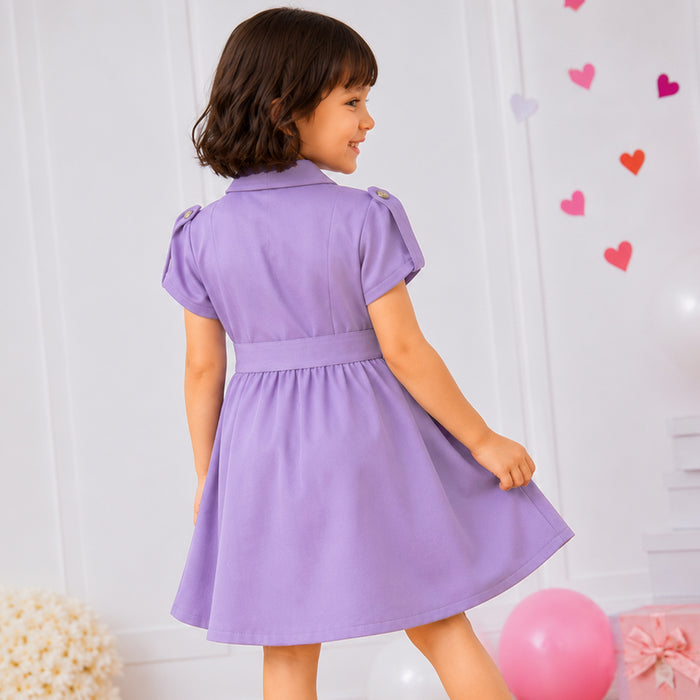 Kids Girls Dress in Lavender with Soft Comfort Fabric, Waist Belt & Collared Neck