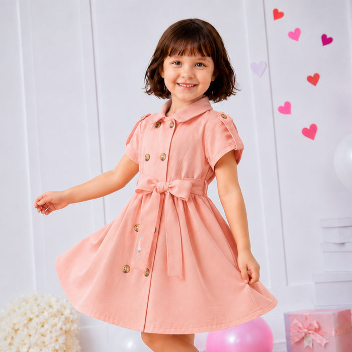 Kids Girls Dress in Peach with Soft Comfort Fabric, Waist Belt & Collared Neck