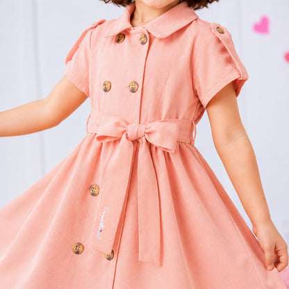 Kids Girls Dress in Peach with Soft Comfort Fabric, Waist Belt & Collared Neck