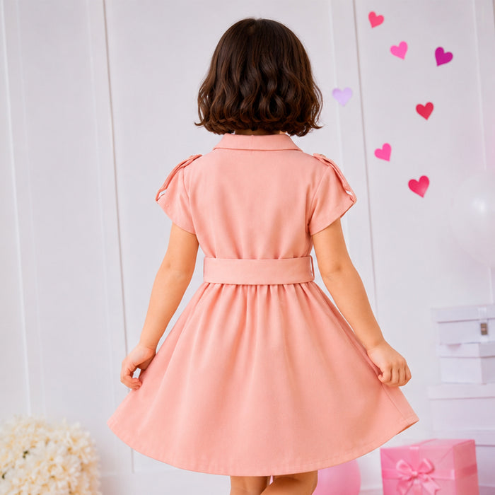 Kids Girls Dress in Peach with Soft Comfort Fabric, Waist Belt & Collared Neck
