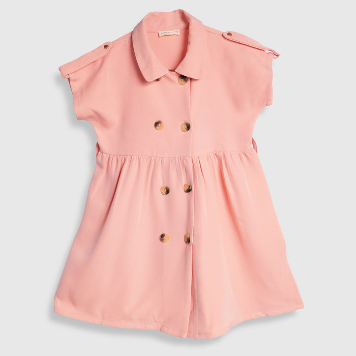 Kids Girls Dress in Peach with Soft Comfort Fabric, Waist Belt & Collared Neck
