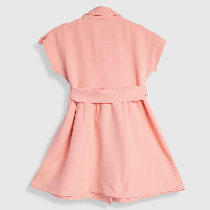 Kids Girls Dress in Peach with Soft Comfort Fabric, Waist Belt & Collared Neck