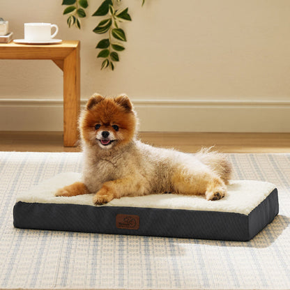 Fluffy Pomeranian dog relaxing on a large orthopedic dog bed with cream Sherpa top and dark gray base.