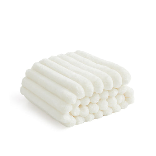 Luxplush cream blanket with wide, soft ribbed stripe texture for cozy comfort.