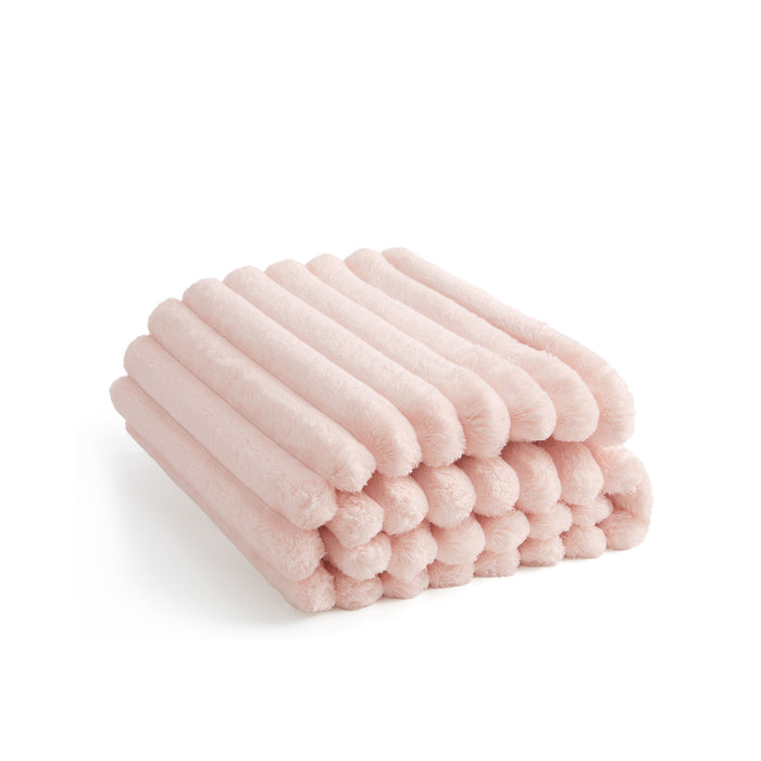 Luxplush pink plush blanket with wide ribbed stripes