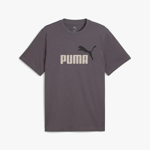 Puma men's Essential 2 Color No 1 Logo t-shirt in moody gray, with a light beige Puma text and black leaping cat logo.