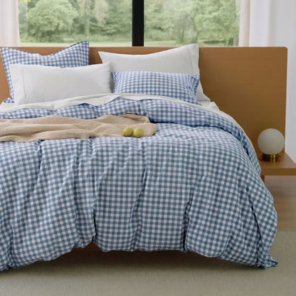 Natural Weekend blue gingham washed cotton bedding bundle.