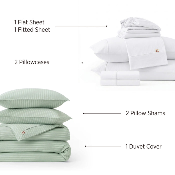Natural weekend washed cotton stripe bundle: green striped duvet cover & white bedding