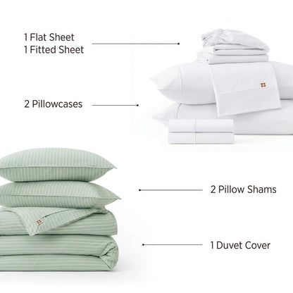 Natural weekend washed cotton stripe bundle: green striped duvet cover & white bedding