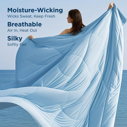 Light blue Nylon Cooling Comforter: Moisture-Wicking, Breathable, Silky