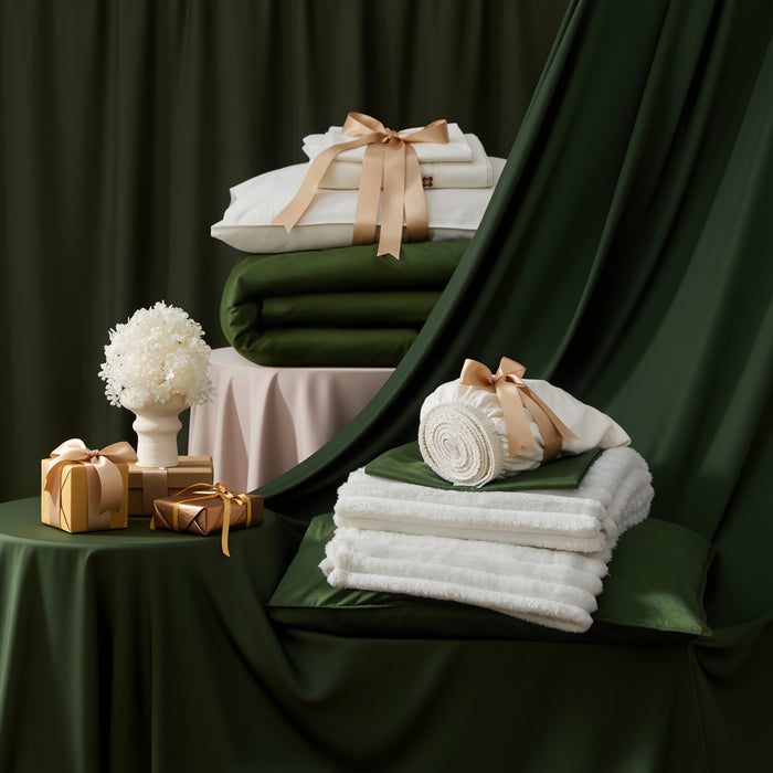 Organic Cotton Modern Cozy Bundle: white sheets, rifle green duvet cover, off-white blankets, gift boxes.
