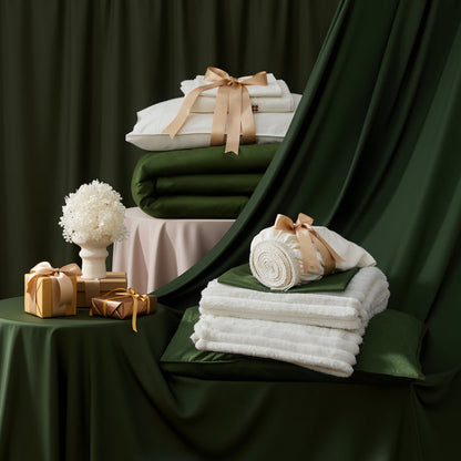 Organic Cotton Modern Cozy Bundle: white sheets, rifle green duvet cover, off-white blankets, gift boxes.