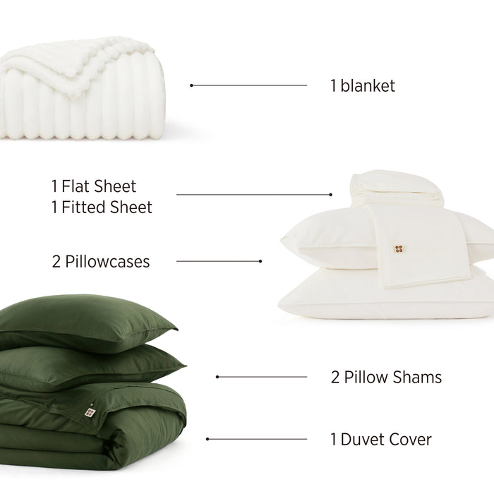 Organic cotton bundle: Off-white blanket, white sheets, shams, pillowcases, green duvet cover.