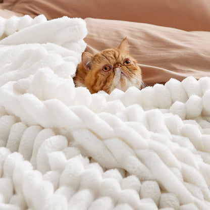 Cozy white plush blanket with ginger cat, Organic Cotton Modern Cozy Bundle.