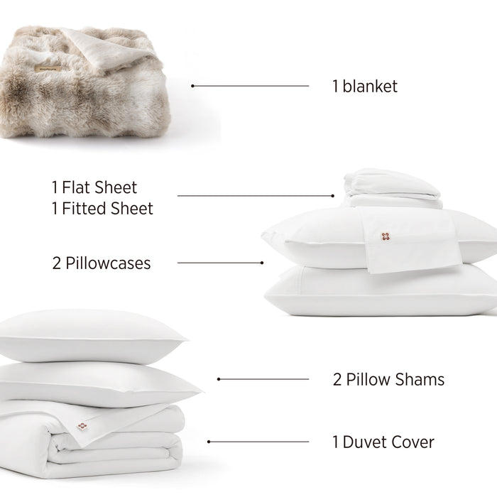 PureWoven™ Organic Cotton Plush Luxe Bundle: fuzzy blanket, duvet cover, sheets, pillowcases, shams.