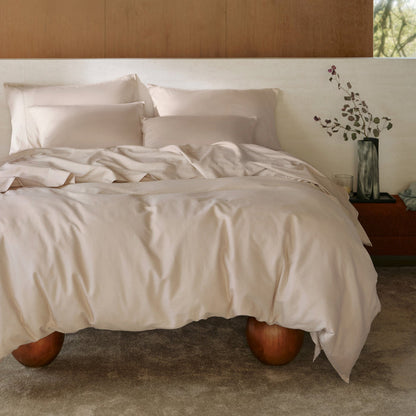 Light beige organic cotton bedding bundle, 300-thread-count sateen.